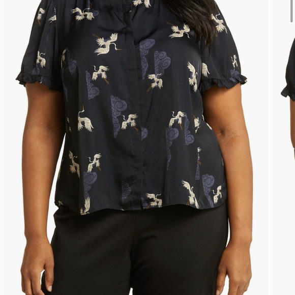 T Tahari, Airflow Ruffle Neck Top, Navy Bird Print, 1X - Picture 2 of 4